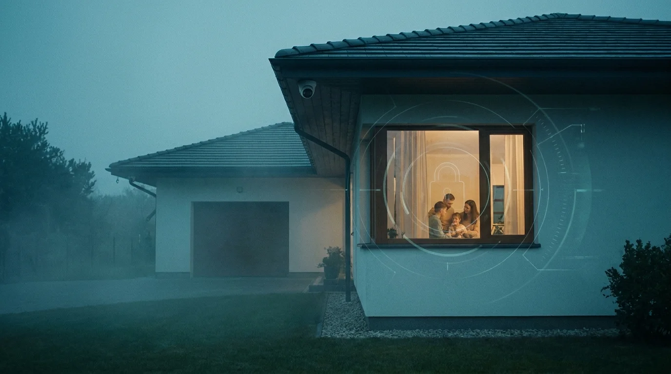 House at dusk under a security camera